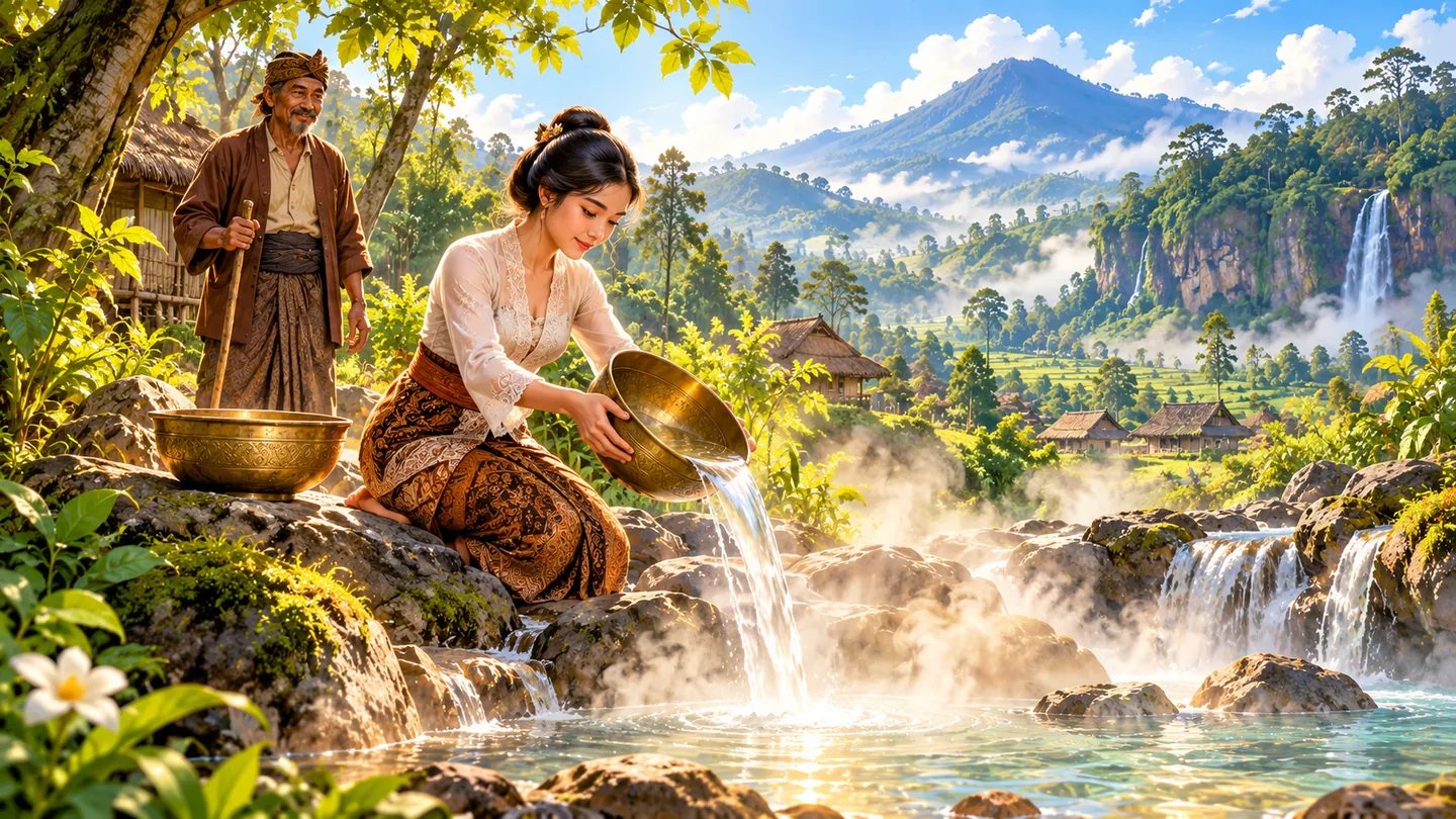Ilustrasi digital Nyi Maribaya dengan bokor air, disiapkan untuk mengiringi legenda; bukan foto atau bukti sejarah.